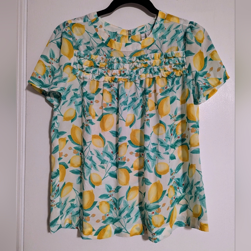 Elle Tossed Lemons Sheer Ruffled Flowy Top Size S